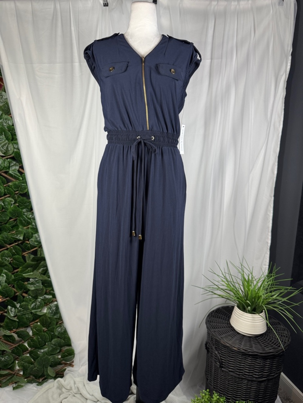 Emma & Michele Navy Zip-Front Wide-Leg Jumpsuit with Drawstring Waist